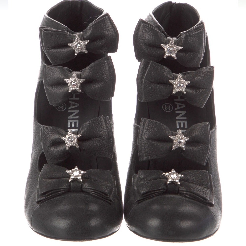 Chanel Leather Crystal Star Bow Open Booties